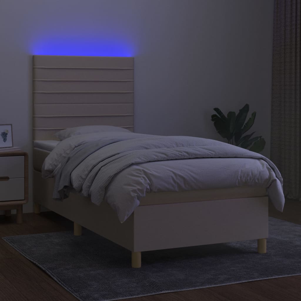 Κρεβάτι Boxspring με Στρώμα & LED Κρεμ 100x200 εκ. Υφασμάτινο