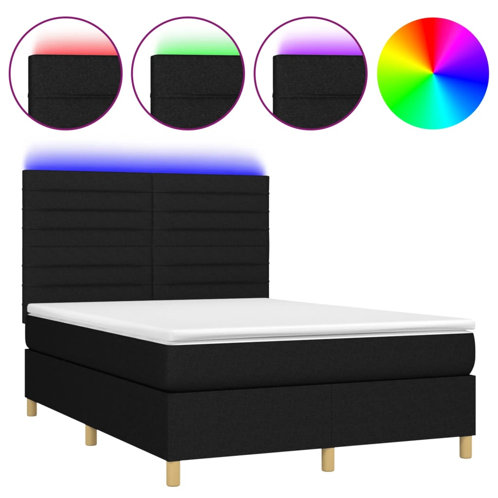 Κρεβάτι Boxspring με Στρώμα & LED Μαύρο 140x190 εκ. Υφασμάτινο