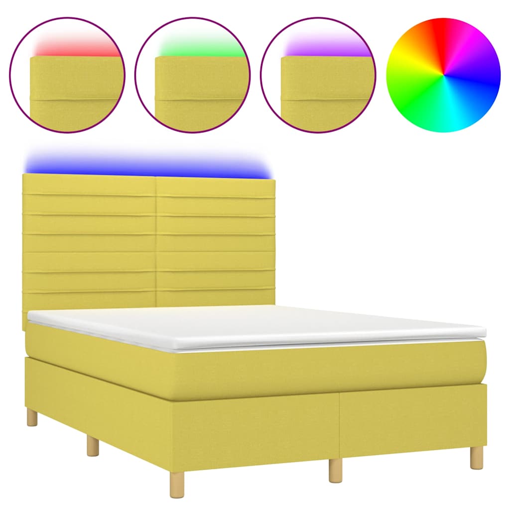Κρεβάτι Boxspring με Στρώμα & LED Πράσινο 140x190 εκ Υφασμάτινο