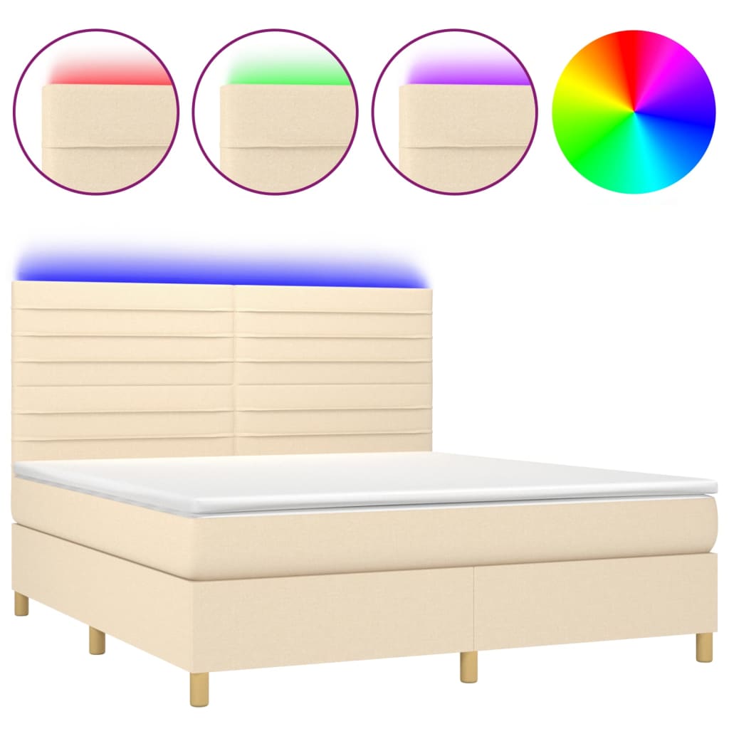 Κρεβάτι Boxspring με Στρώμα & LED Κρεμ 180x200 εκ. Υφασμάτινο