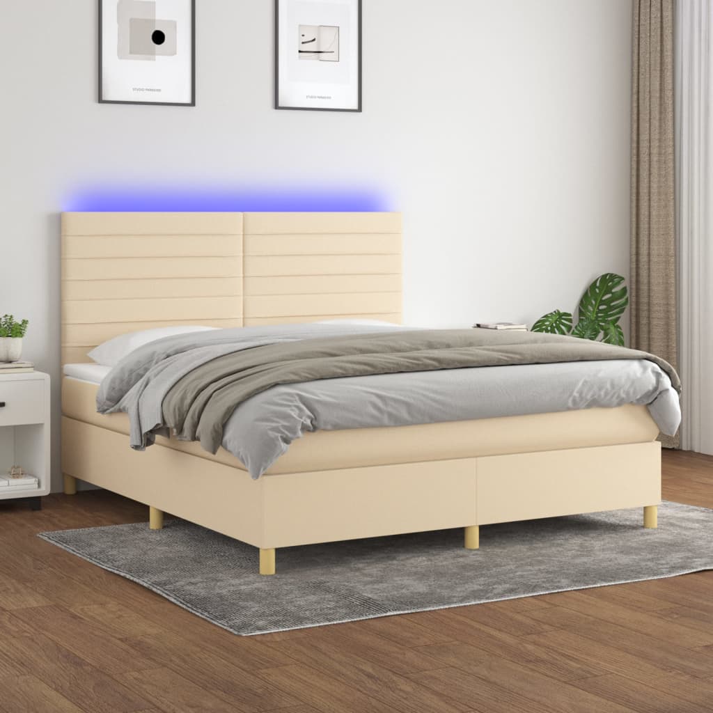 Κρεβάτι Boxspring με Στρώμα & LED Κρεμ 180x200 εκ. Υφασμάτινο