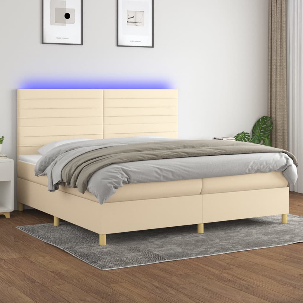 Κρεβάτι Boxspring με Στρώμα & LED Κρεμ 200x200 εκ. Υφασμάτινο