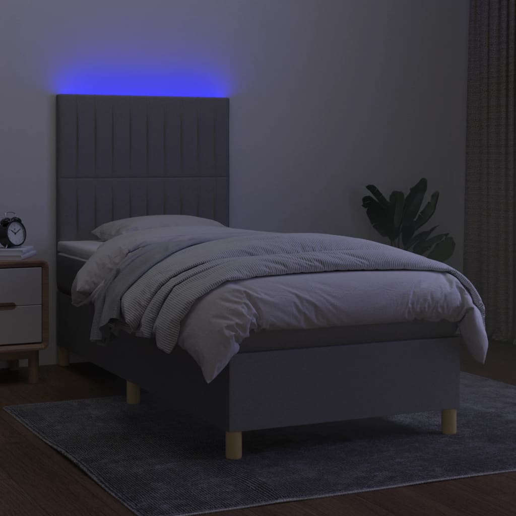 Κρεβάτι Boxspring με Στρώμα & LED Αν.Γκρι 90x190 εκ. Υφασμάτινο