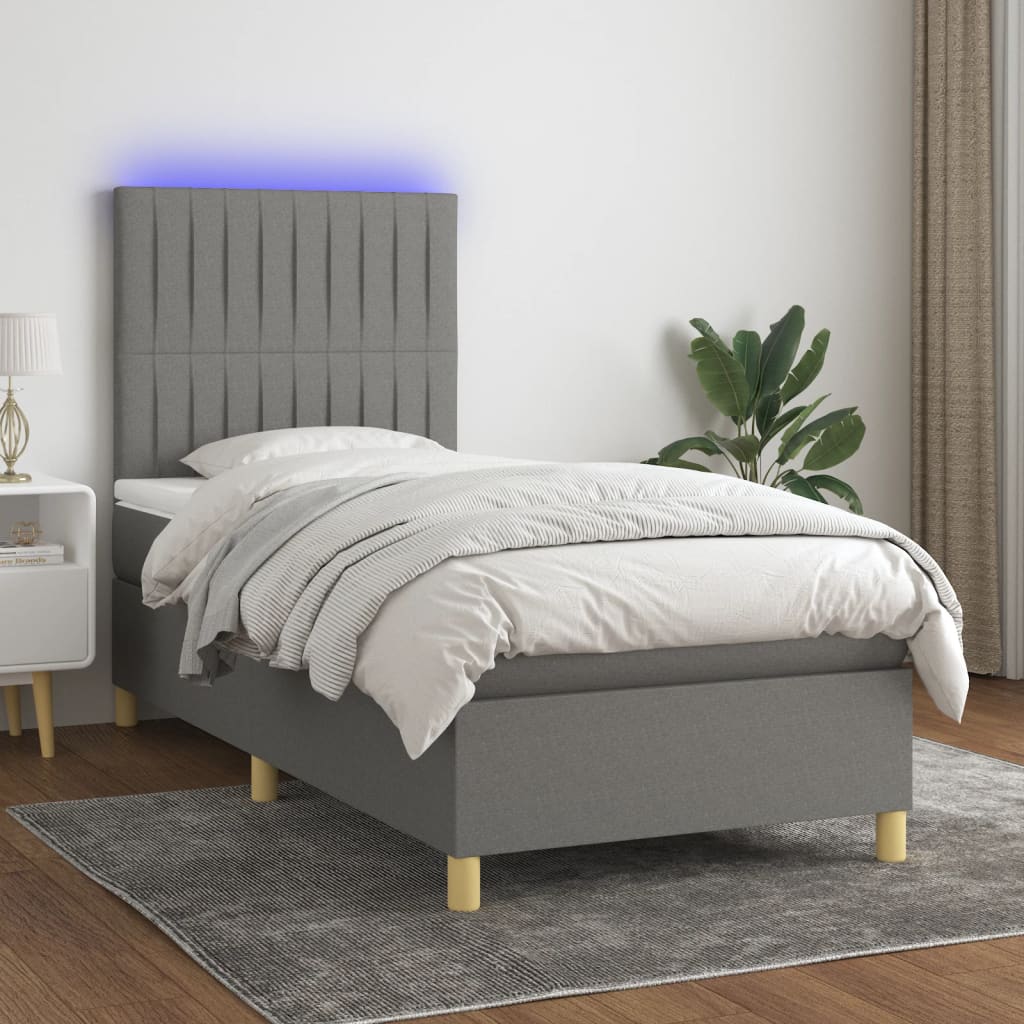 Κρεβάτι Boxspring με Στρώμα & LED Σκ.Γκρι 90x190 εκ. Υφασμάτινο - Pakobazaar