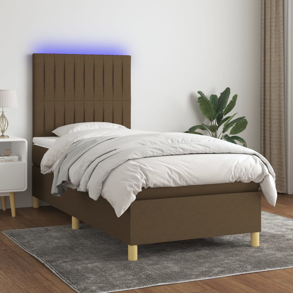 Κρεβάτι Boxspring με Στρώμα & LED Σκ.Καφέ 90x190 εκ. Υφασμάτινο