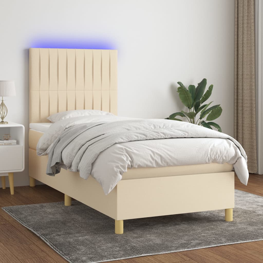 Κρεβάτι Boxspring με Στρώμα & LED Κρεμ 90x200 εκ. Υφασμάτινο