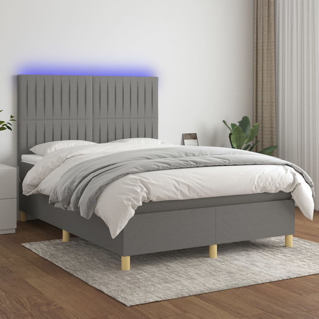 Κρεβάτι Boxspring με Στρώμα & LED Σκ.Γκρι 140x190εκ. Υφασμάτινο