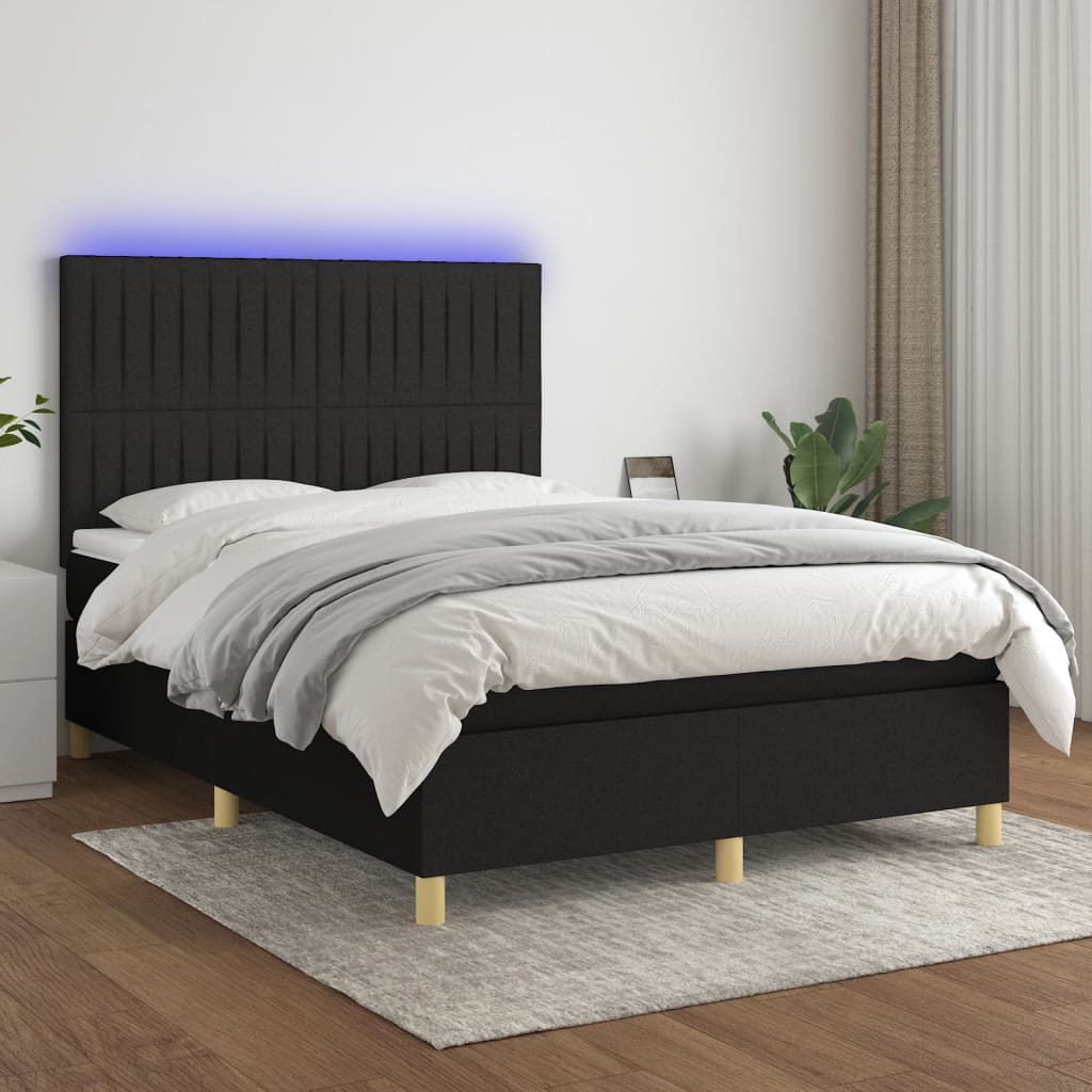 Κρεβάτι Boxspring με Στρώμα & LED Μαύρο 140x190 εκ. Υφασμάτινο