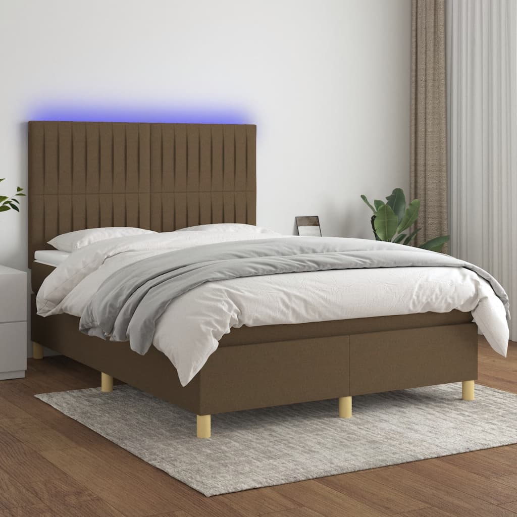 Κρεβάτι Boxspring με Στρώμα & LED Σκ.Καφέ 140x190εκ. Υφασμάτινο - Pakobazaar