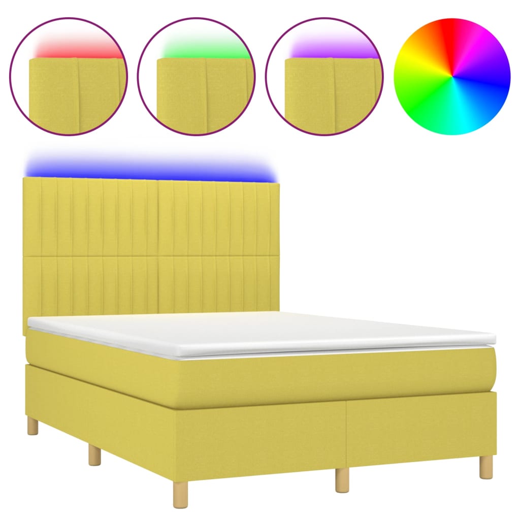 Κρεβάτι Boxspring με Στρώμα & LED Πράσινο 140x190 εκ Υφασμάτινο