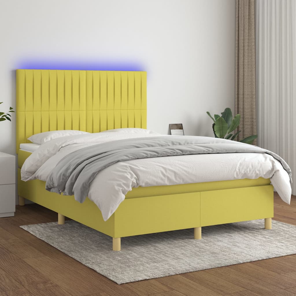 Κρεβάτι Boxspring με Στρώμα & LED Πράσινο 140x190 εκ Υφασμάτινο
