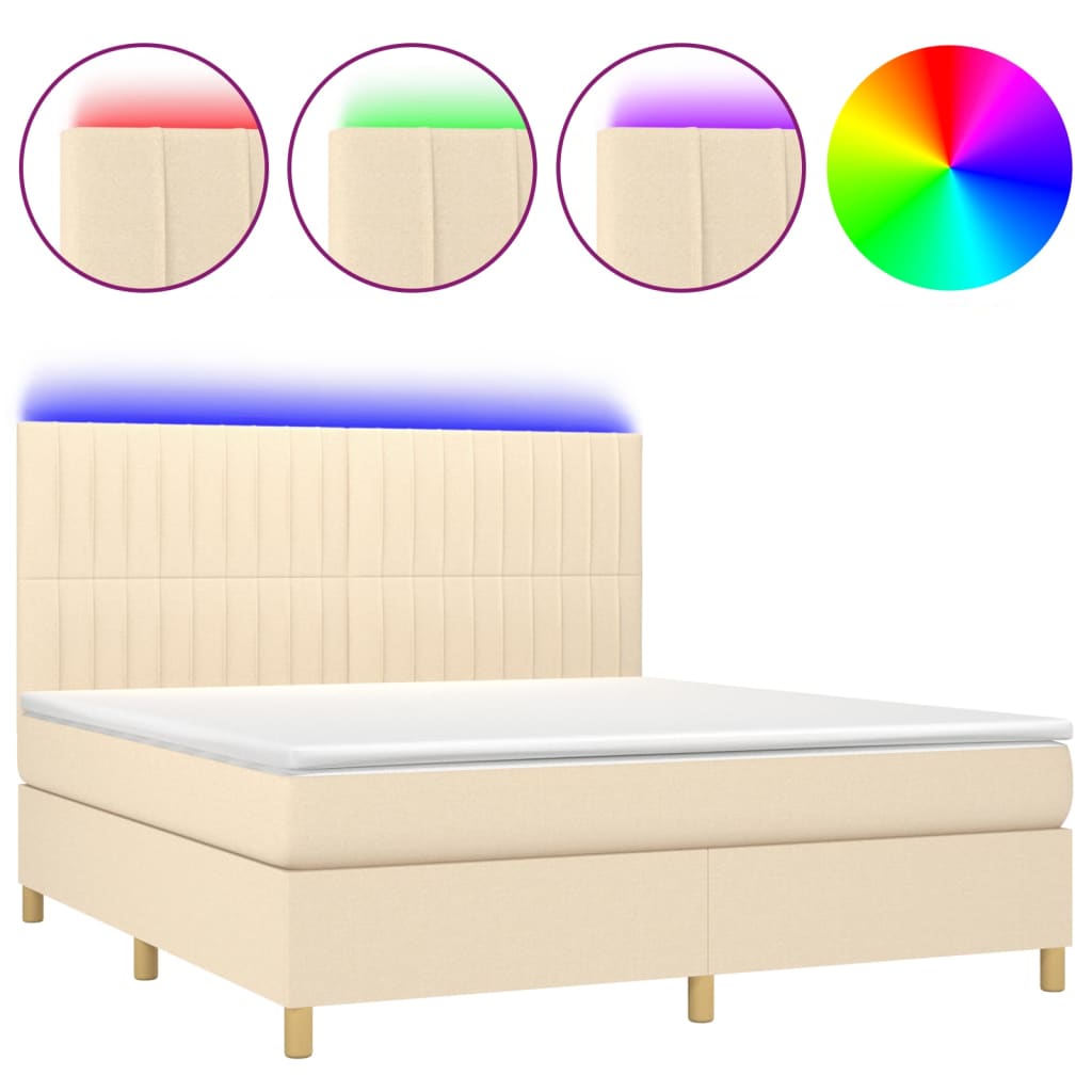 Κρεβάτι Boxspring με Στρώμα & LED Κρεμ 180x200 εκ. Υφασμάτινο - Pakobazaar