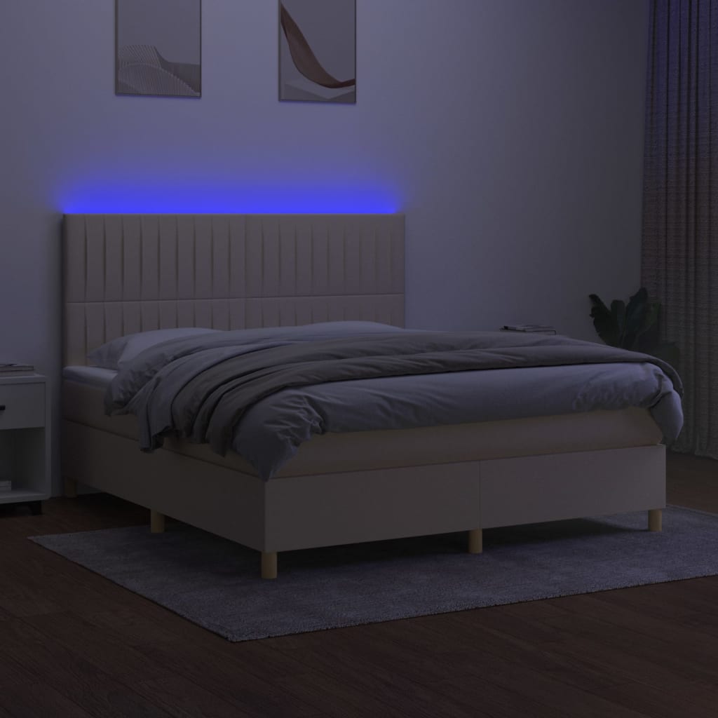 Κρεβάτι Boxspring με Στρώμα & LED Κρεμ 180x200 εκ. Υφασμάτινο