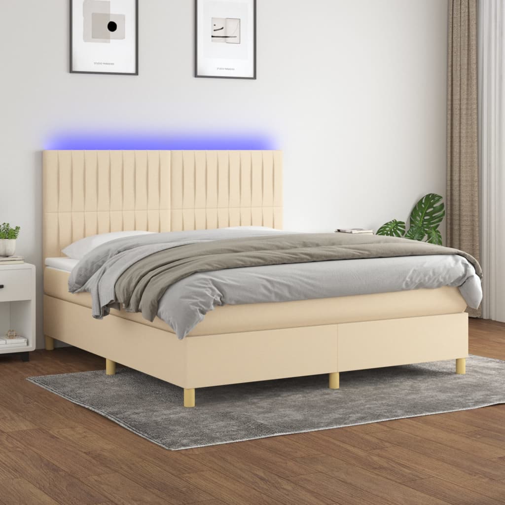 Κρεβάτι Boxspring με Στρώμα & LED Κρεμ 180x200 εκ. Υφασμάτινο