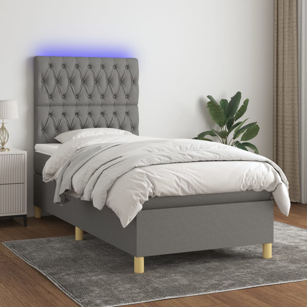 Κρεβάτι Boxspring με Στρώμα & LED Σκ.Γκρι 90x190 εκ. Υφασμάτινο - Pakobazaar
