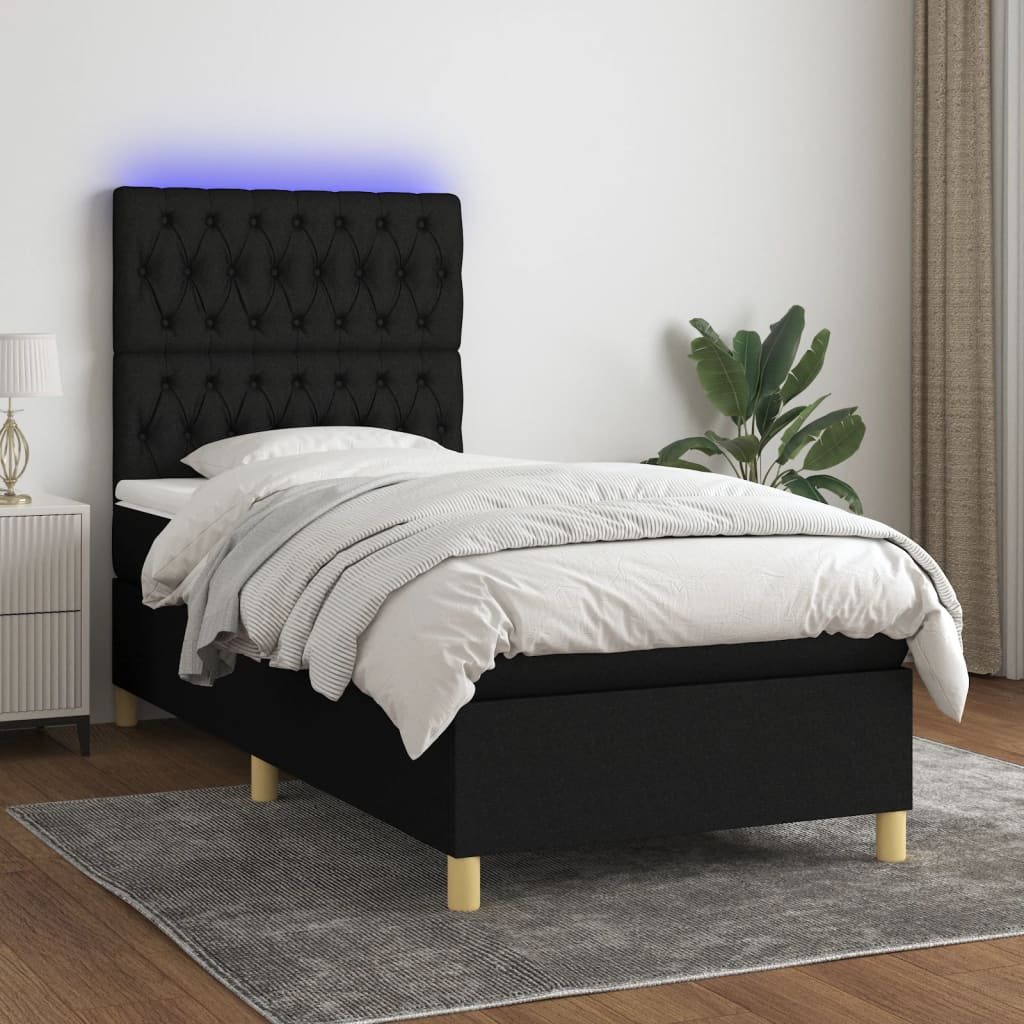 Κρεβάτι Boxspring με Στρώμα & LED Μαύρο 90x190 εκ. Υφασμάτινο