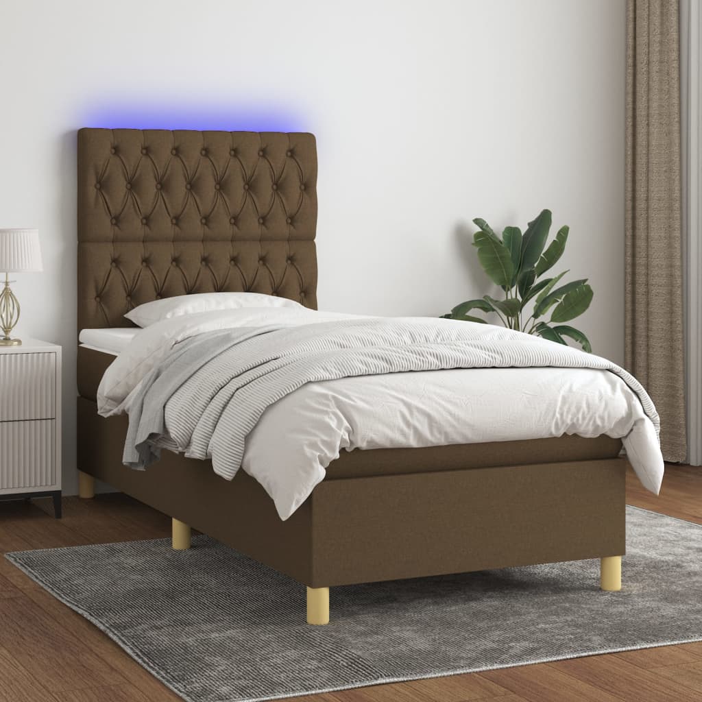 Κρεβάτι Boxspring με Στρώμα & LED Σκ.Καφέ 90x190 εκ. Υφασμάτινο