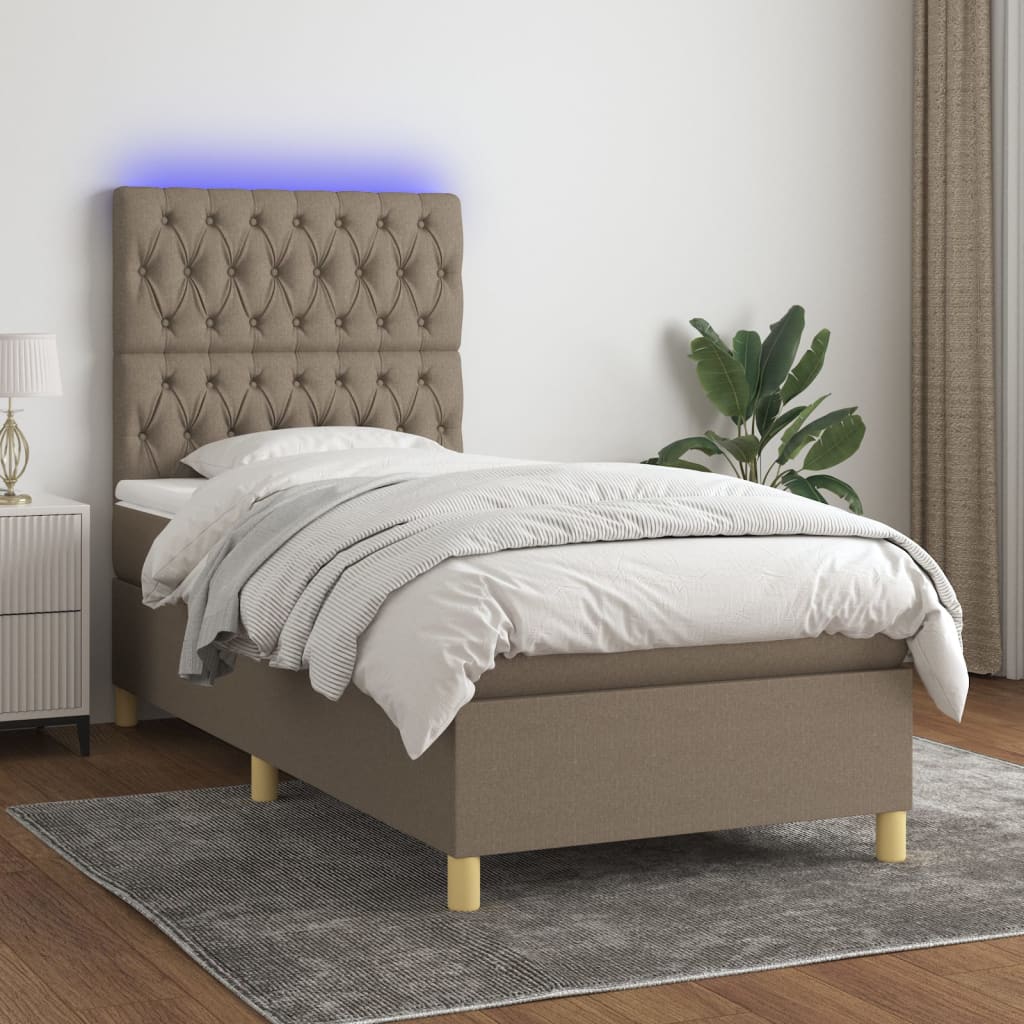 Κρεβάτι Boxspring με Στρώμα & LED Taupe 90x190 εκ. Υφασμάτινο