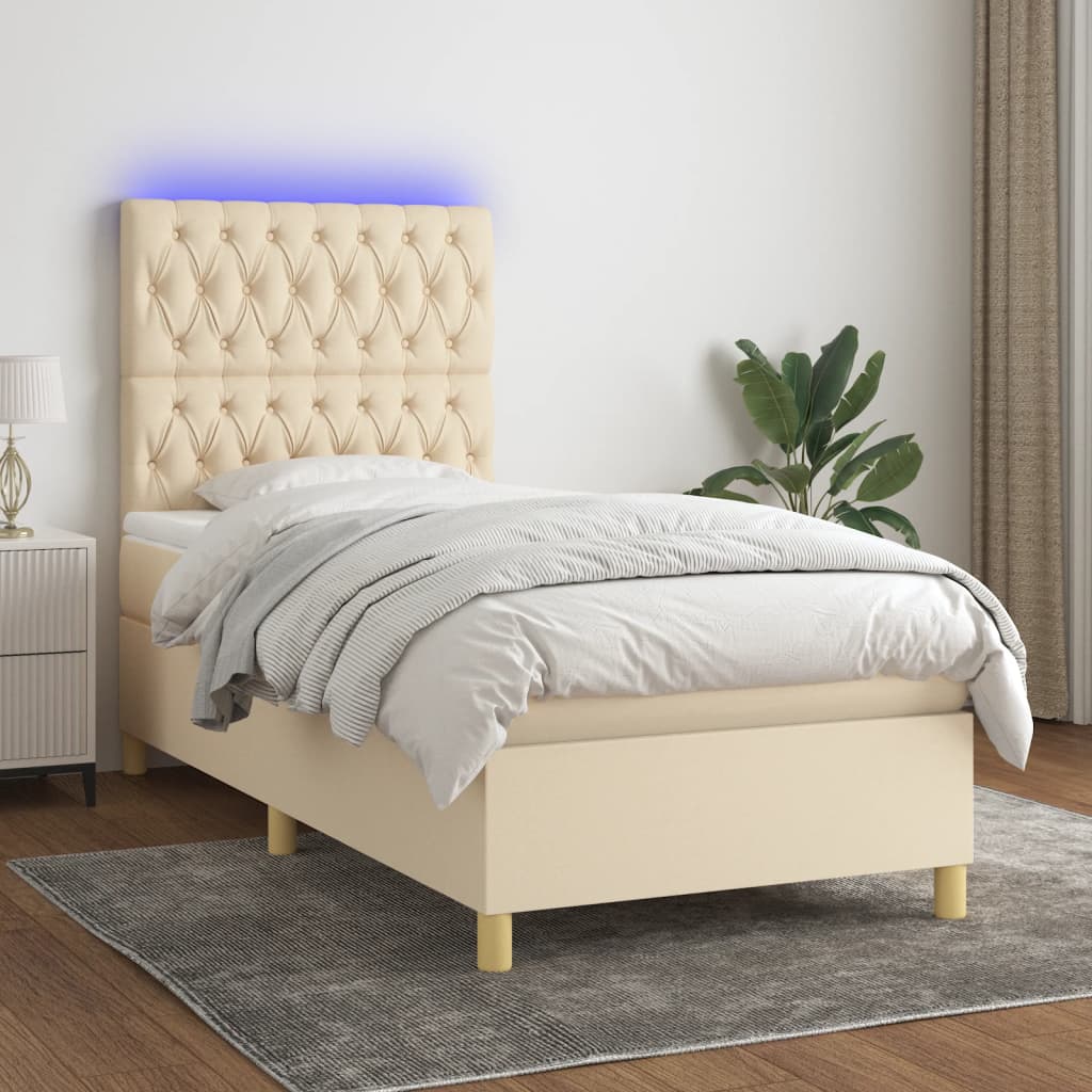 Κρεβάτι Boxspring με Στρώμα & LED Κρεμ 90x190 εκ. Υφασμάτινο