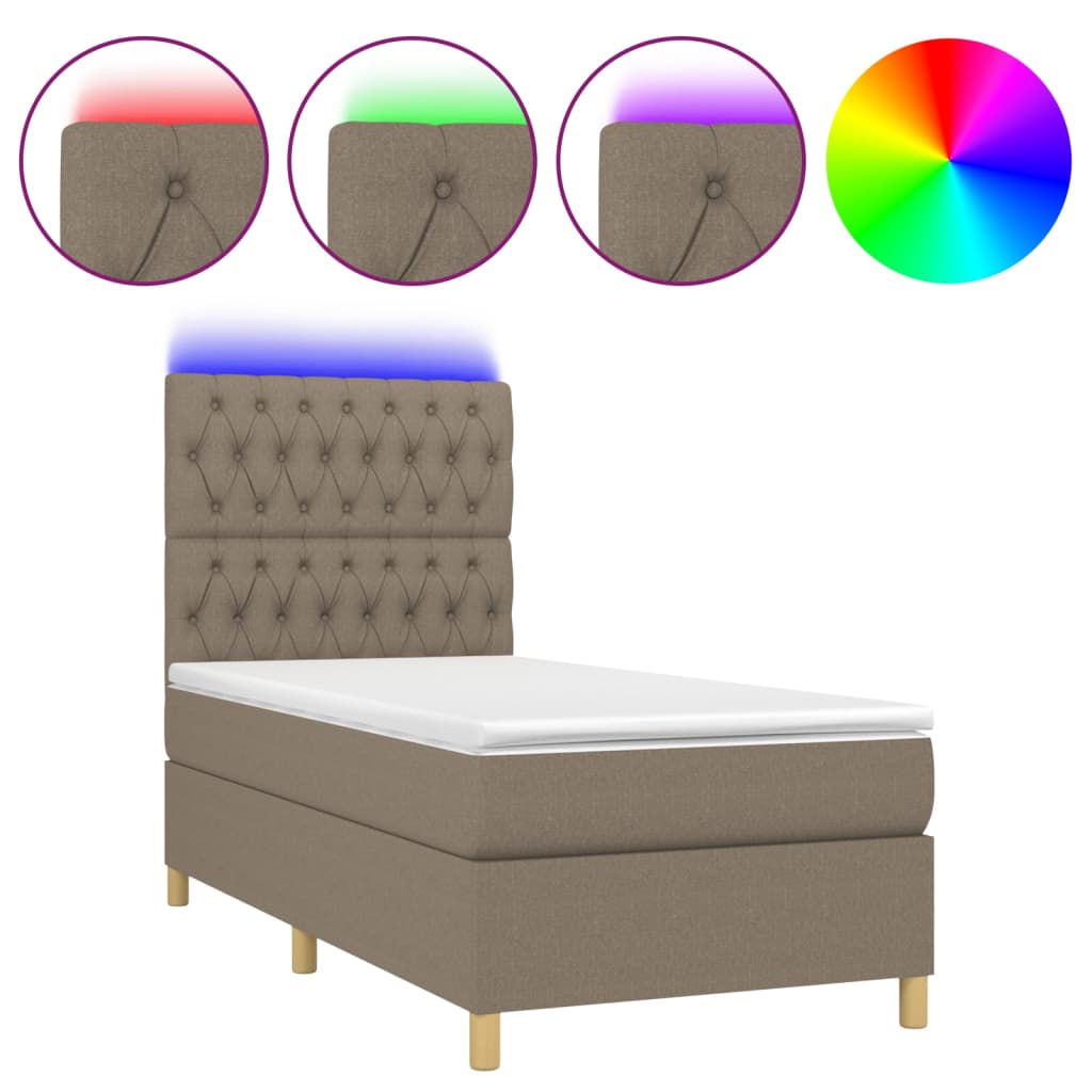 Κρεβάτι Boxspring με Στρώμα & LED Taupe 90x200 εκ. Υφασμάτινο