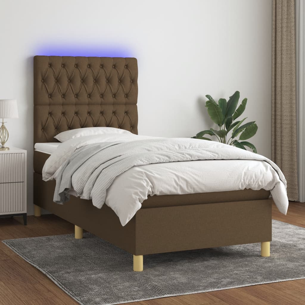 Κρεβάτι Boxspring με Στρώμα & LED Σκ.Καφέ 100x200 εκ Υφασμάτινο