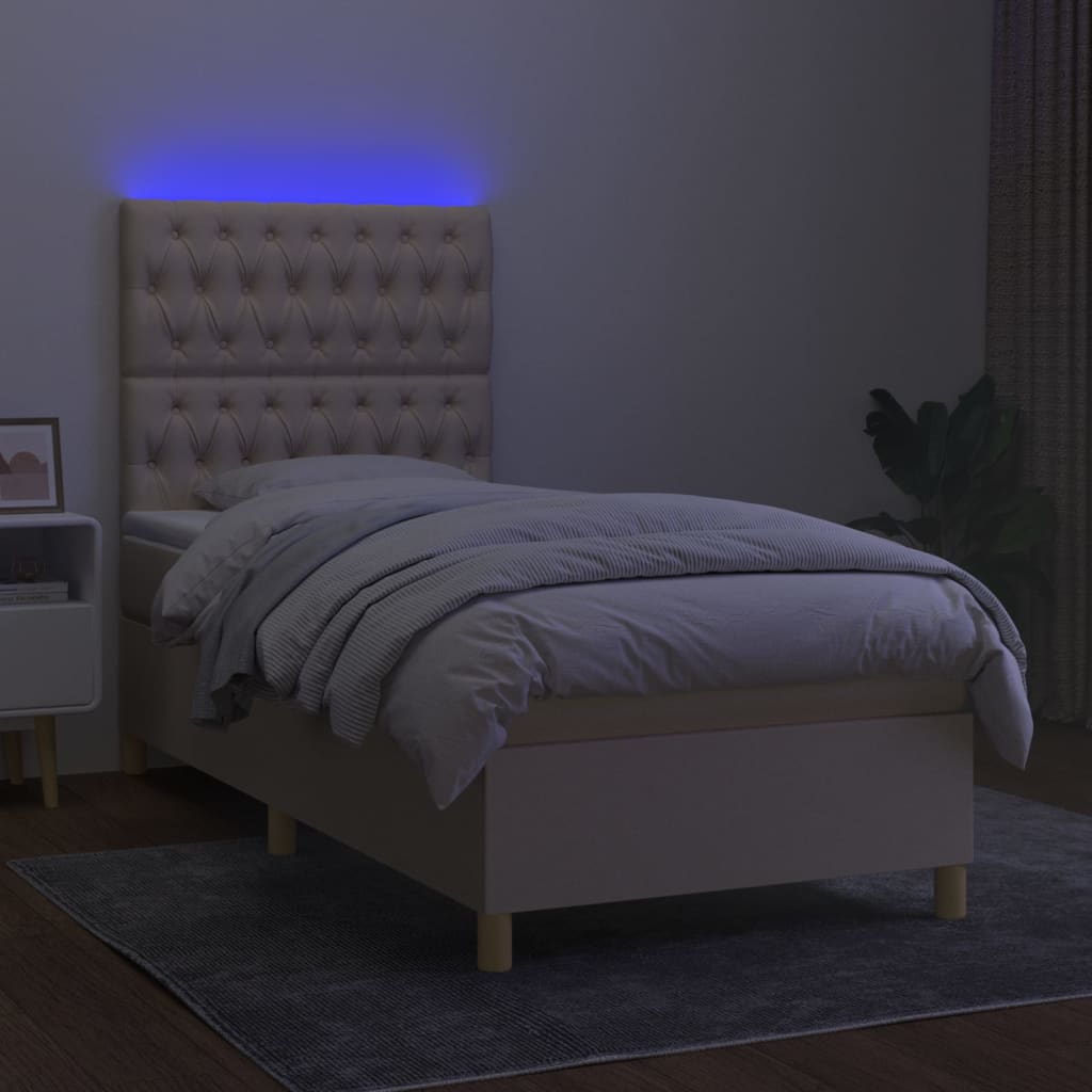 Κρεβάτι Boxspring με Στρώμα & LED Κρεμ 100x200 εκ. Υφασμάτινο
