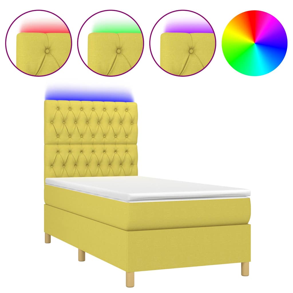 Κρεβάτι Boxspring με Στρώμα & LED Πράσινο 100x200 εκ Υφασμάτινο