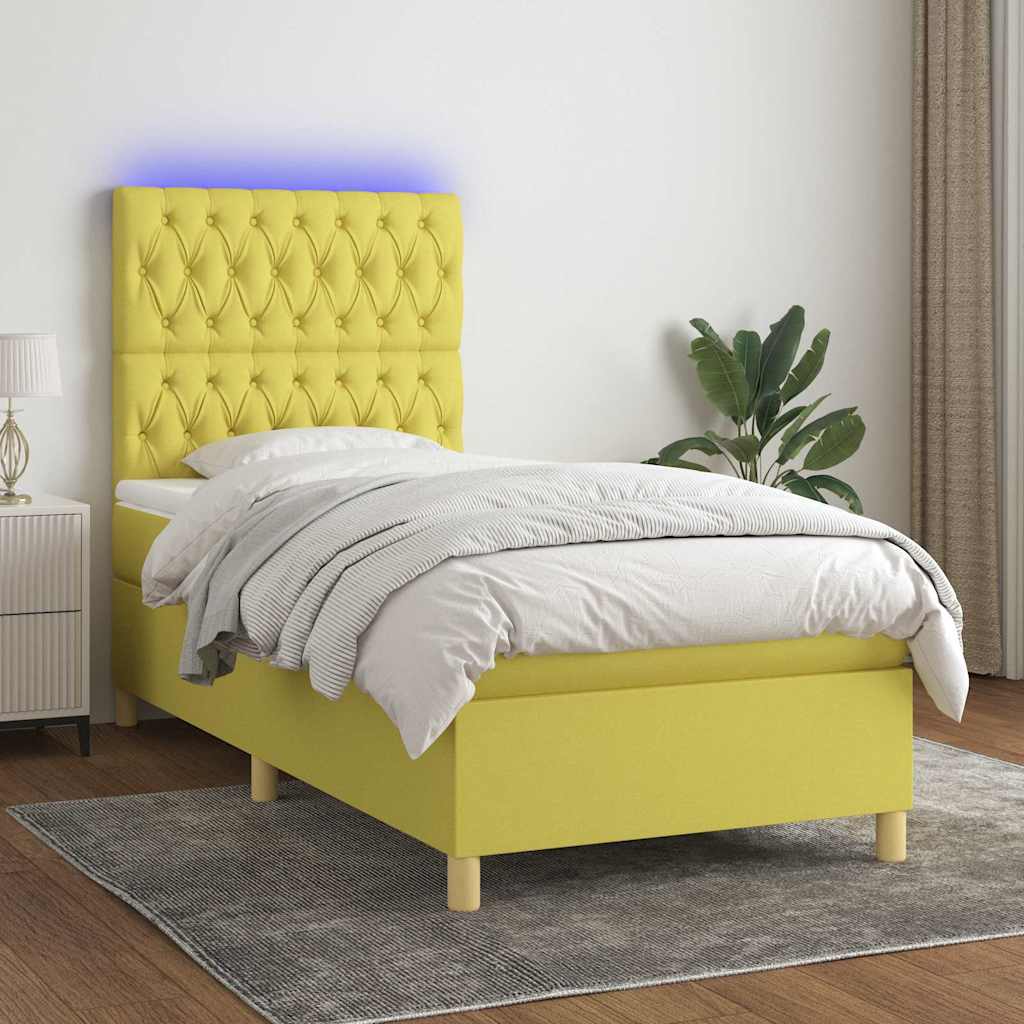 Κρεβάτι Boxspring με Στρώμα & LED Πράσινο 100x200 εκ Υφασμάτινο