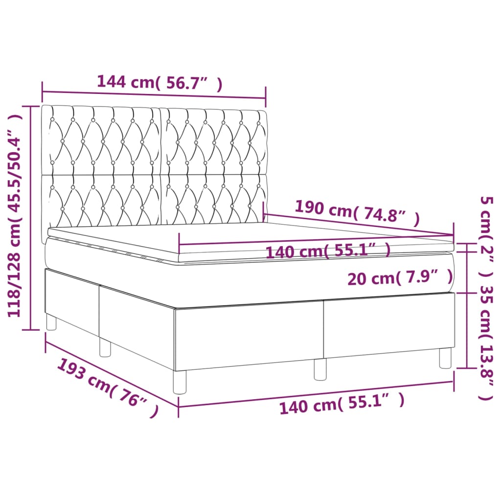 Κρεβάτι Boxspring με Στρώμα & LED Μαύρο 140x190 εκ. Υφασμάτινο