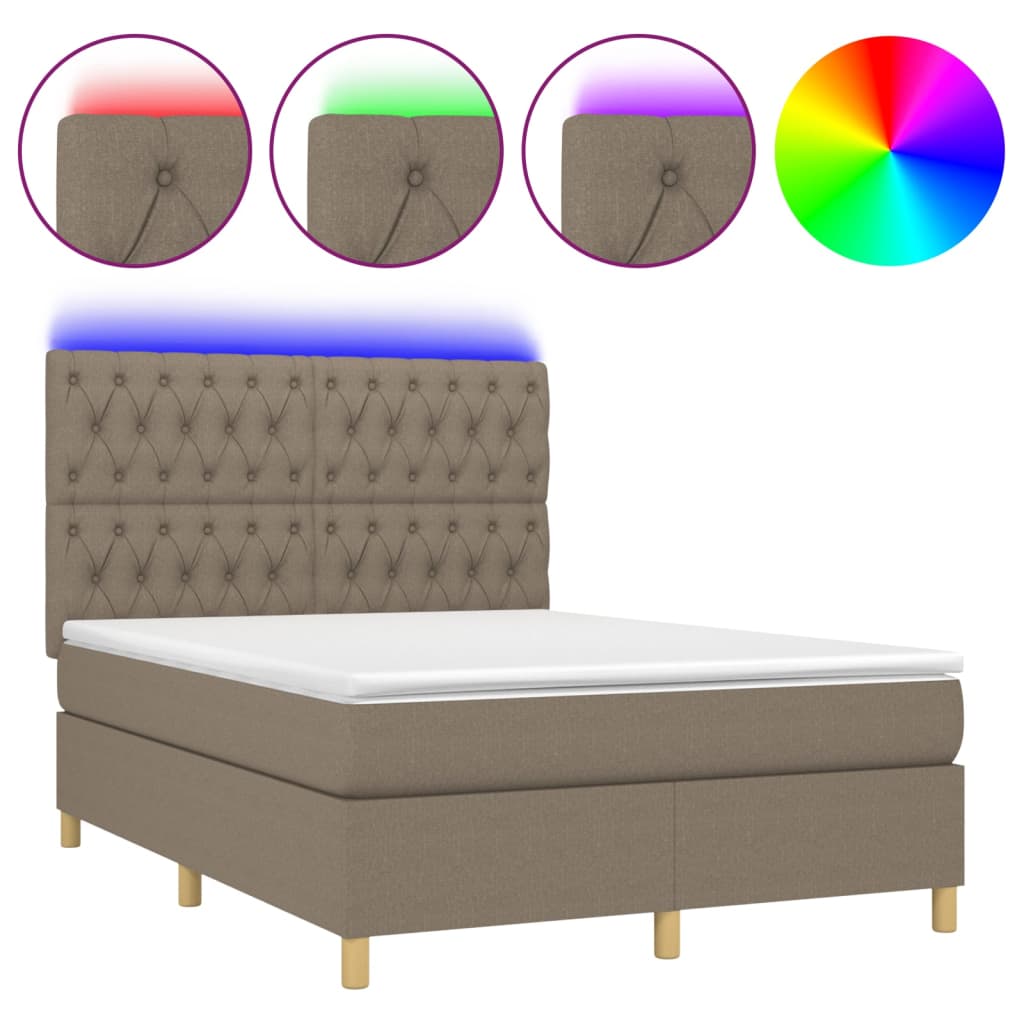 Κρεβάτι Boxspring με Στρώμα & LED Taupe 140x190 εκ. Υφασμάτινο