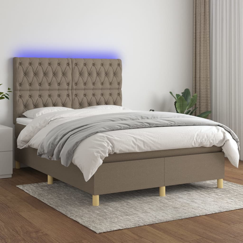 Κρεβάτι Boxspring με Στρώμα & LED Taupe 140x190 εκ. Υφασμάτινο