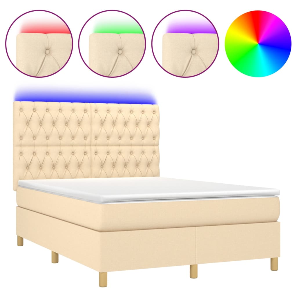 Κρεβάτι Boxspring με Στρώμα & LED Κρεμ 140x190 εκ. Υφασμάτινο - Pakobazaar