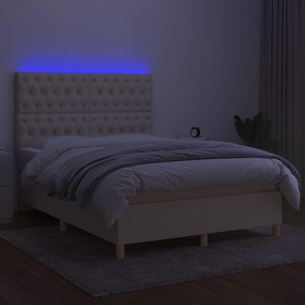 Κρεβάτι Boxspring με Στρώμα & LED Κρεμ 140x190 εκ. Υφασμάτινο - Pakobazaar