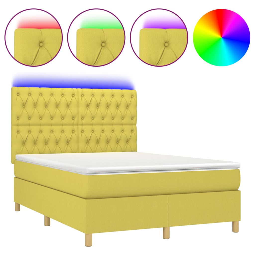 Κρεβάτι Boxspring με Στρώμα & LED Πράσινο 140x190 εκ Υφασμάτινο