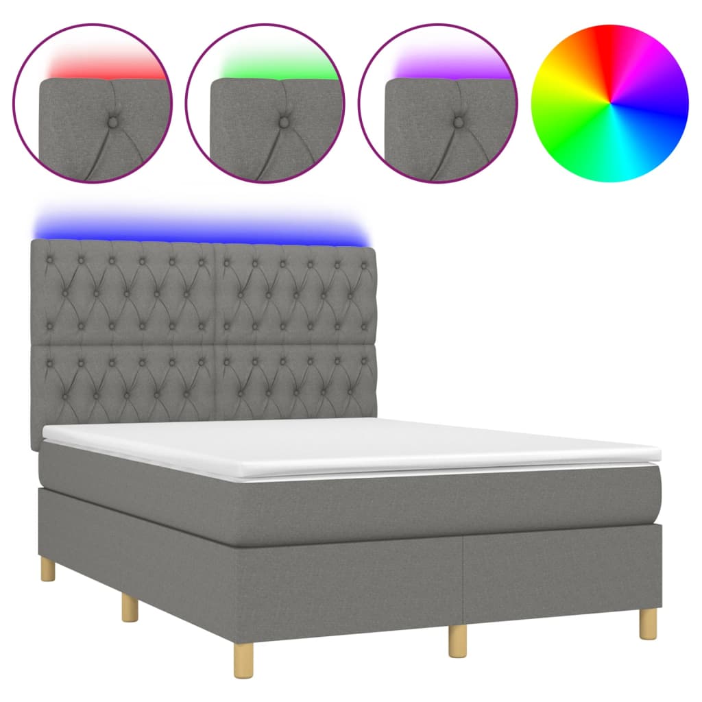 Κρεβάτι Boxspring με Στρώμα & LED Σκ.Γκρι 140x200 εκ Υφασμάτινο