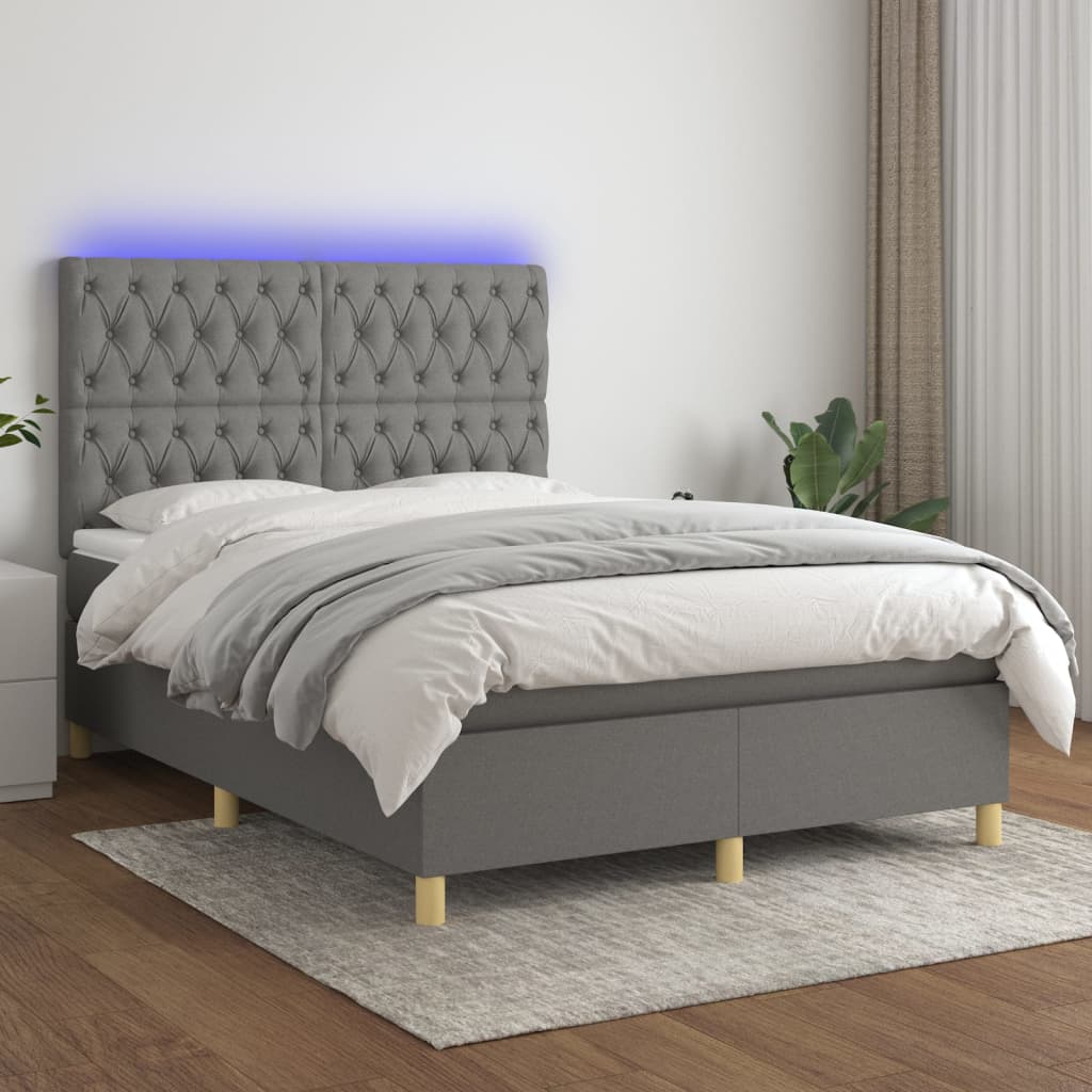 Κρεβάτι Boxspring με Στρώμα & LED Σκ.Γκρι 140x200 εκ Υφασμάτινο