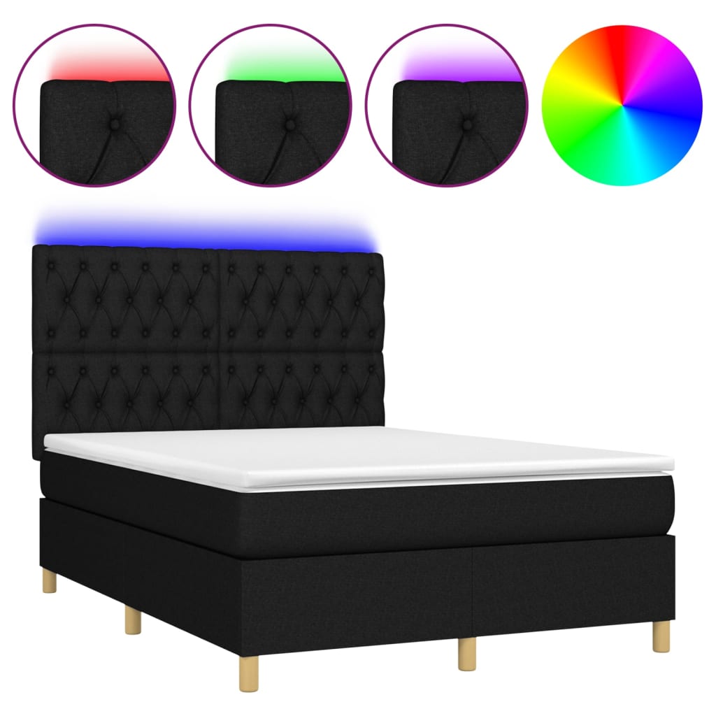 Κρεβάτι Boxspring με Στρώμα & LED Μαύρο 140x200 εκ. Υφασμάτινο