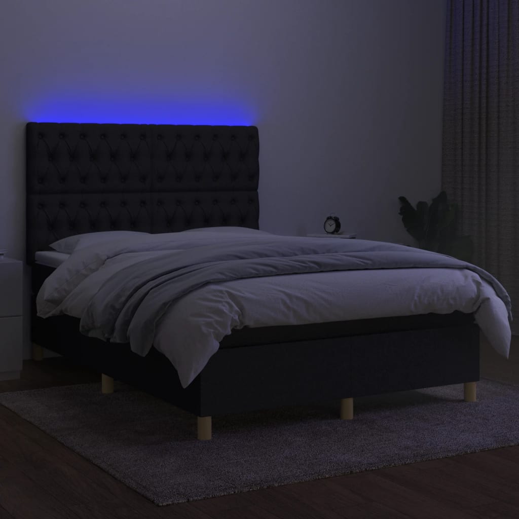 Κρεβάτι Boxspring με Στρώμα & LED Μαύρο 140x200 εκ. Υφασμάτινο