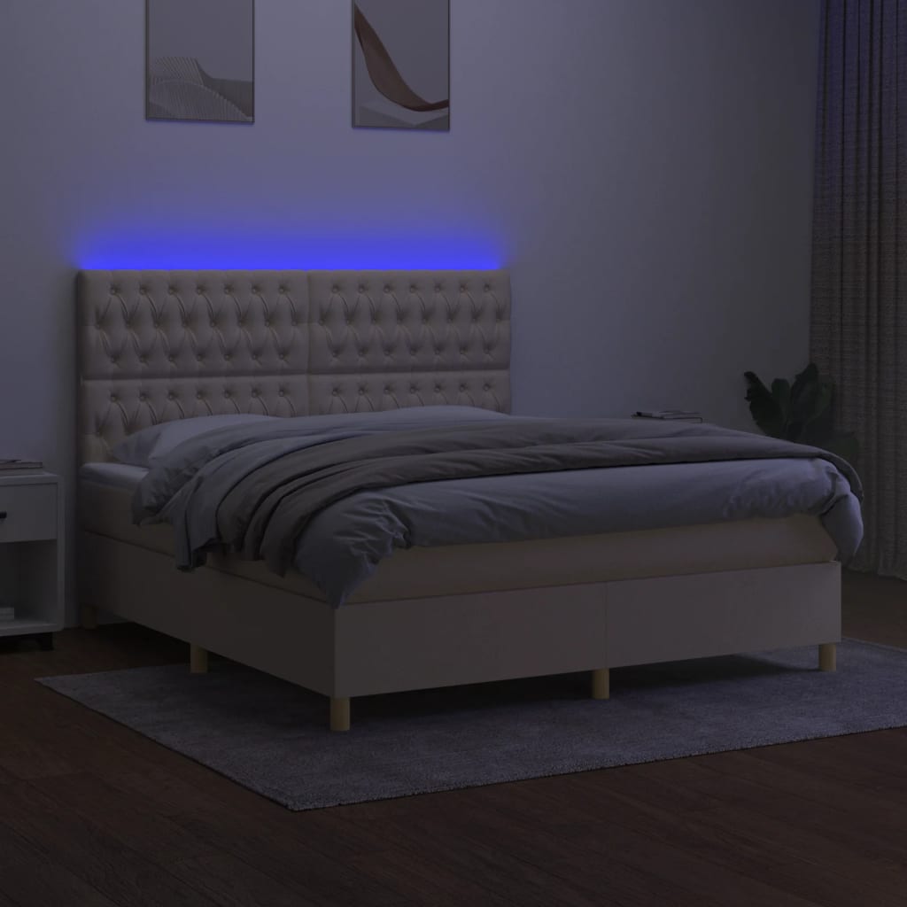 Κρεβάτι Boxspring με Στρώμα & LED Κρεμ 180x200 εκ. Υφασμάτινο