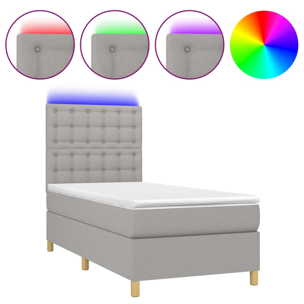 Κρεβάτι Boxspring με Στρώμα & LED Αν.Γκρι 90x190 εκ. Υφασμάτινο