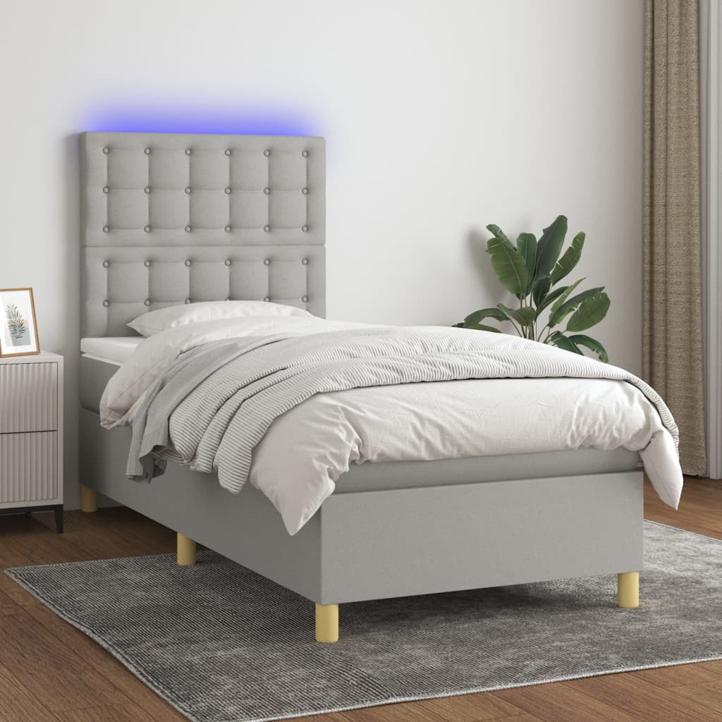 Κρεβάτι Boxspring με Στρώμα & LED Αν.Γκρι 90x190 εκ. Υφασμάτινο