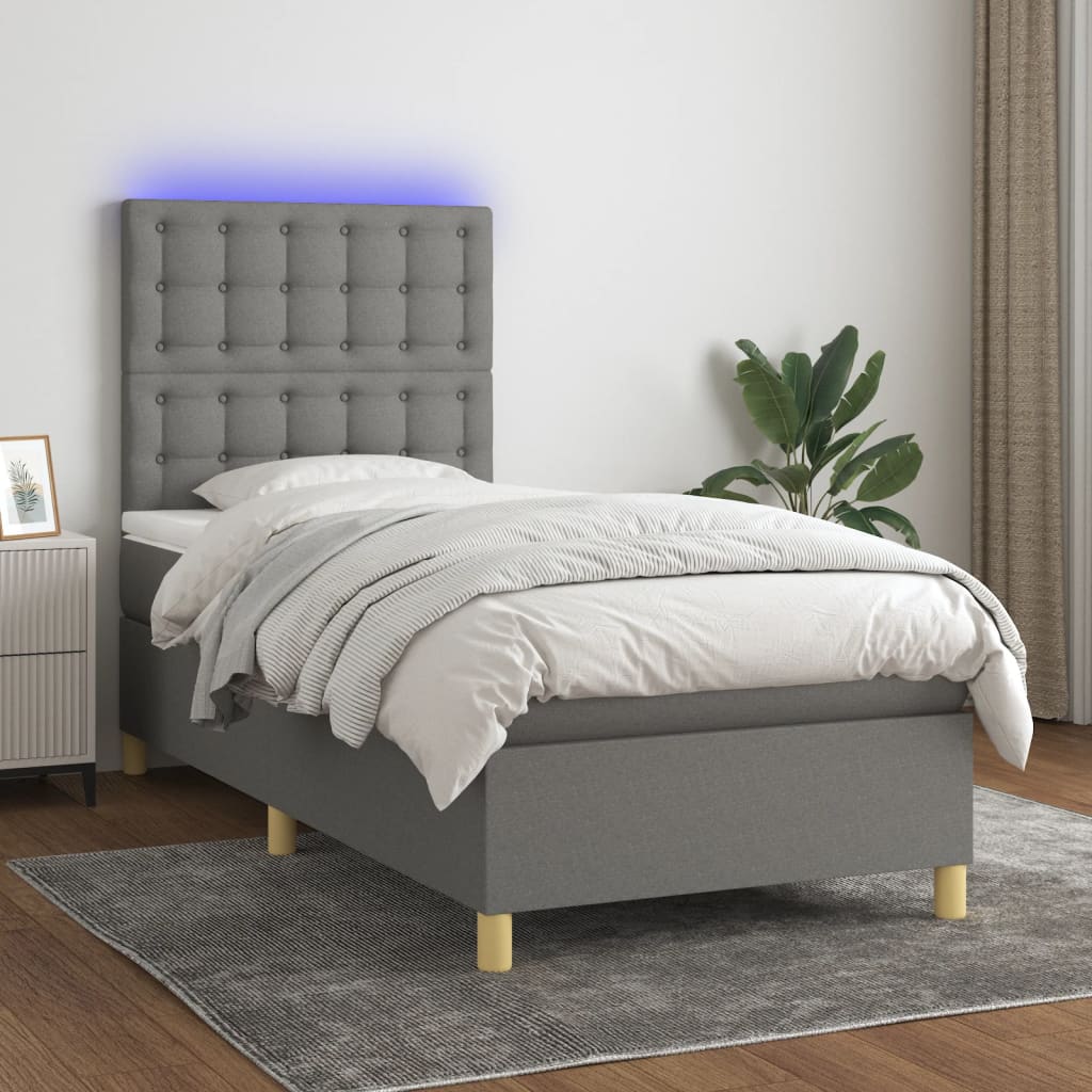 Κρεβάτι Boxspring με Στρώμα & LED Σκ.Γκρι 90x190 εκ. Υφασμάτινο - Pakobazaar