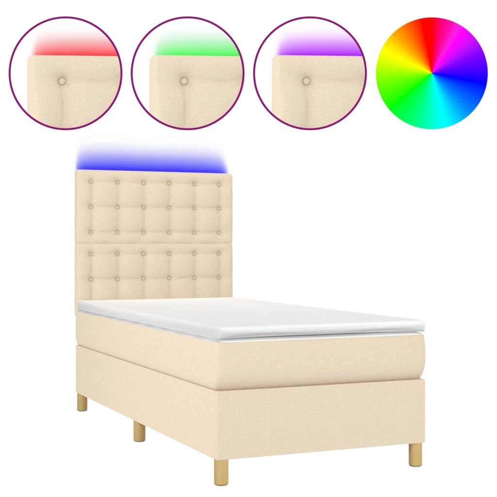 Κρεβάτι Boxspring με Στρώμα & LED Κρεμ 90x190 εκ. Υφασμάτινο