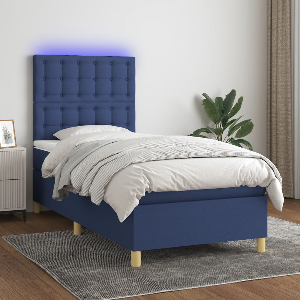 Κρεβάτι Boxspring με Στρώμα & LED Μπλε 90x190 εκ. Υφασμάτινο