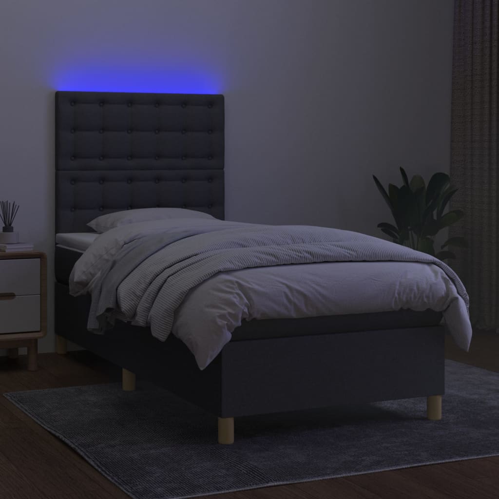 Κρεβάτι Boxspring με Στρώμα & LED Σκ.Γκρι 90x200 εκ. Υφασμάτινο
