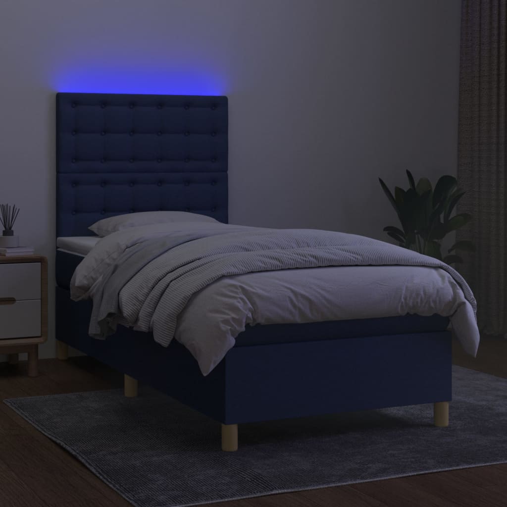 Κρεβάτι Boxspring με Στρώμα & LED Μπλε 90x200 εκ. Υφασμάτινο