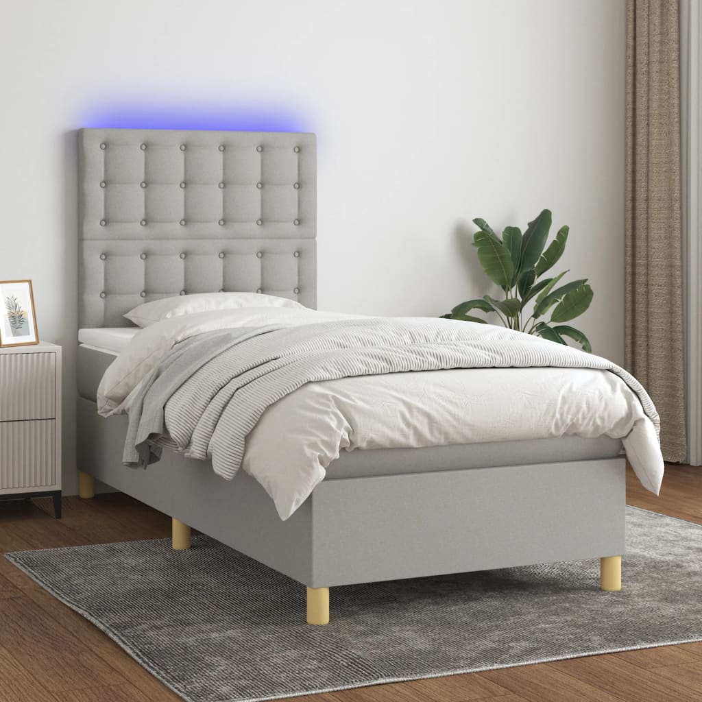 Κρεβάτι Boxspring με Στρώμα & LED Αν.Γκρι 100x200εκ. Υφασμάτινο