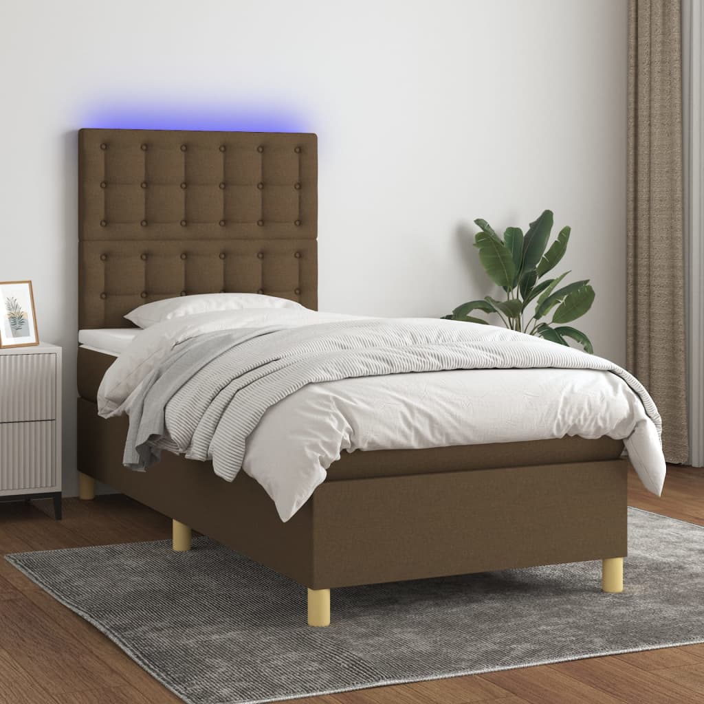 Κρεβάτι Boxspring με Στρώμα & LED Σκ.Καφέ 100x200 εκ Υφασμάτινο