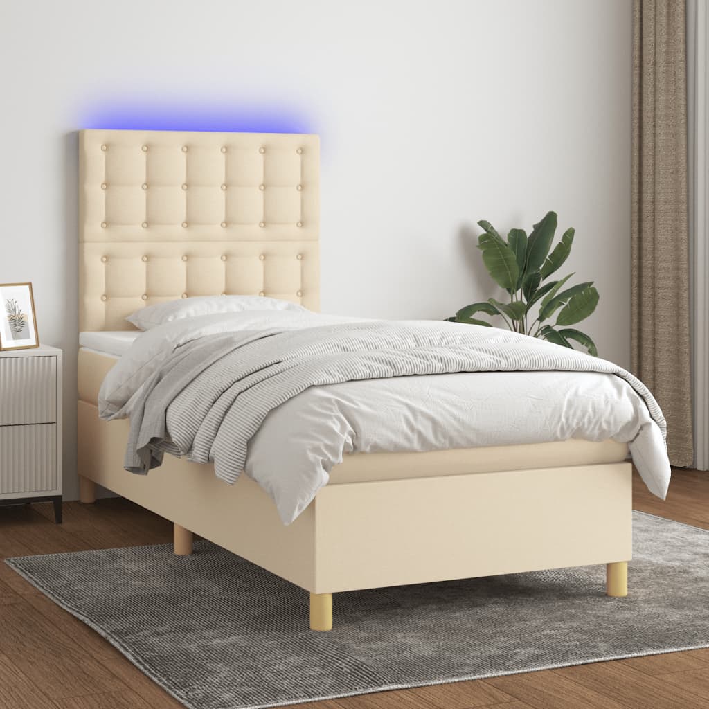 Κρεβάτι Boxspring με Στρώμα & LED Κρεμ 100x200 εκ. Υφασμάτινο