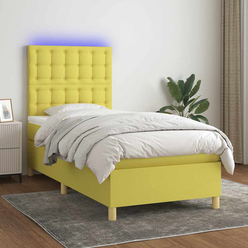 Κρεβάτι Boxspring με Στρώμα & LED Πράσινο 100x200 εκ Υφασμάτινο